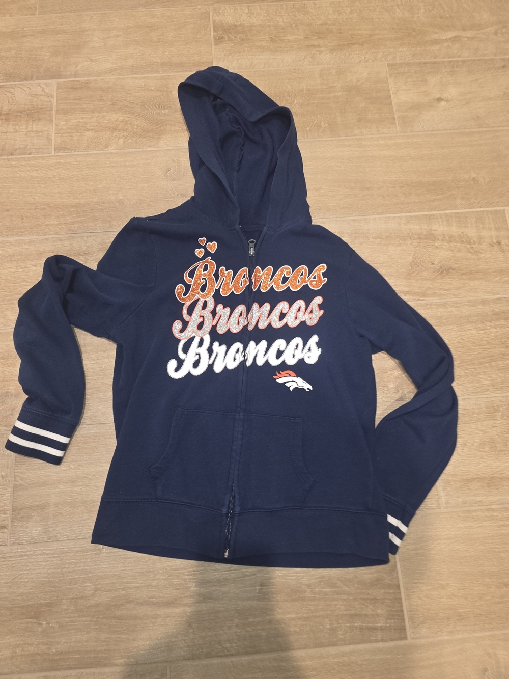 Youth Navy Broncos Hooded Zip Jacket with Script Logo
